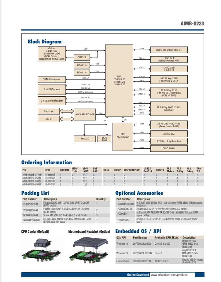 研華AIMB-U233I ntel第八代Core i-ULT Core i3/i5/i7 UTX工業主板
