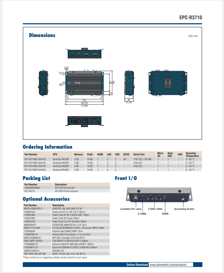 研華EPC-R3710 Rockchip RK3399 Cortex-A72 UIO40-Express Edge AI 工控整機， 4K display， 2xLan，