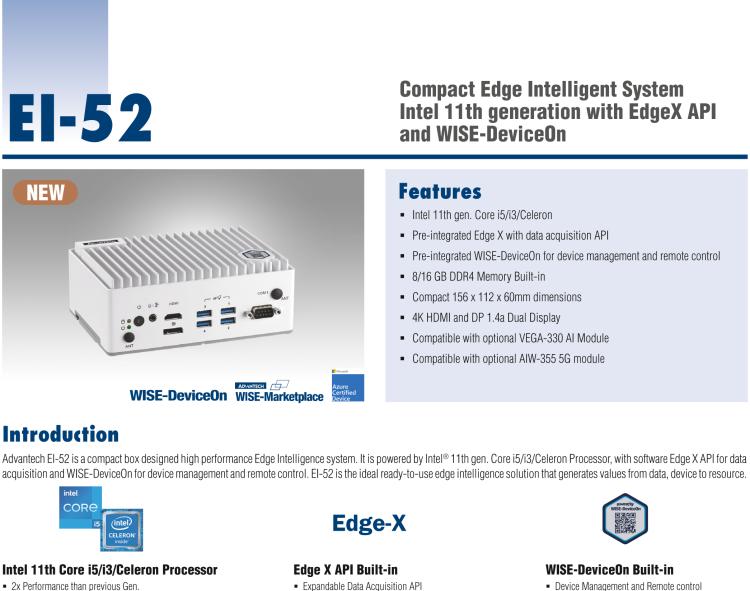 研華EI-52 研華EI-52，邊緣計算系統(tǒng)，支持 Intel 11th gen CPU，可選 Core i5 /i3 /Celeron 處理器，具備豐富擴展接口 2 x LAN，2 x COM，6 x USB等，內(nèi)部可以通過 miniPCIe 或 M.2 擴展AI加速卡實現(xiàn)工業(yè)AI機器視覺，搭載5G通訊模塊。