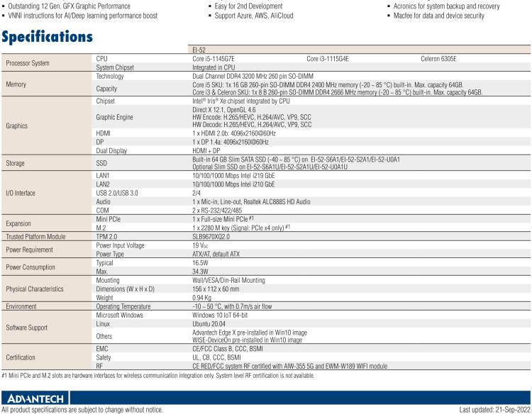 研華EI-52 研華EI-52，邊緣計算系統(tǒng)，支持 Intel 11th gen CPU，可選 Core i5 /i3 /Celeron 處理器，具備豐富擴展接口 2 x LAN，2 x COM，6 x USB等，內(nèi)部可以通過 miniPCIe 或 M.2 擴展AI加速卡實現(xiàn)工業(yè)AI機器視覺，搭載5G通訊模塊。