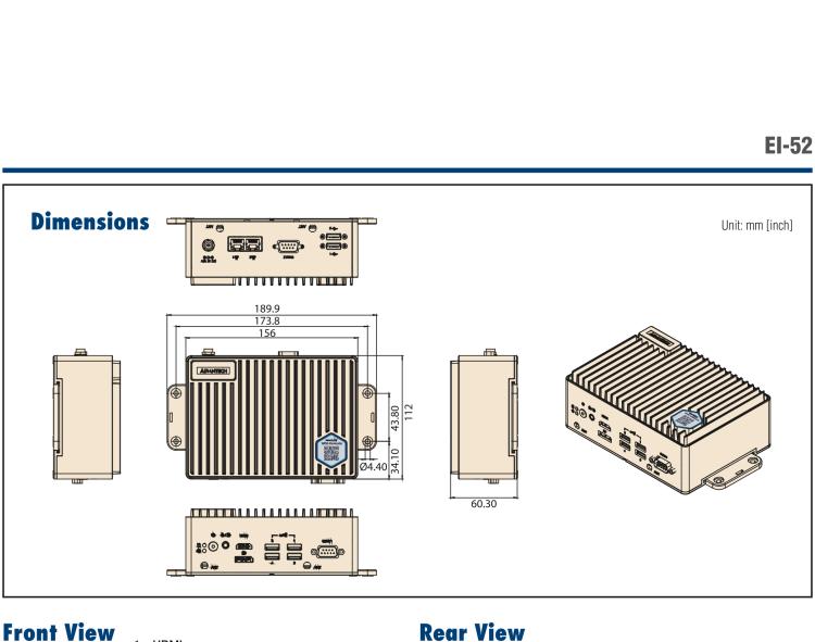 研華EI-52 研華EI-52，邊緣計算系統(tǒng)，支持 Intel 11th gen CPU，可選 Core i5 /i3 /Celeron 處理器，具備豐富擴展接口 2 x LAN，2 x COM，6 x USB等，內(nèi)部可以通過 miniPCIe 或 M.2 擴展AI加速卡實現(xiàn)工業(yè)AI機器視覺，搭載5G通訊模塊。