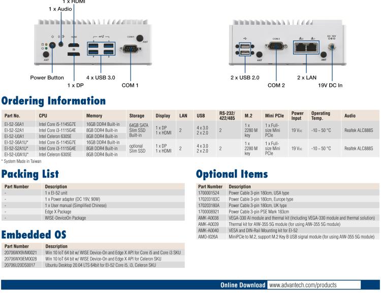 研華EI-52 研華EI-52，邊緣計算系統(tǒng)，支持 Intel 11th gen CPU，可選 Core i5 /i3 /Celeron 處理器，具備豐富擴展接口 2 x LAN，2 x COM，6 x USB等，內(nèi)部可以通過 miniPCIe 或 M.2 擴展AI加速卡實現(xiàn)工業(yè)AI機器視覺，搭載5G通訊模塊。