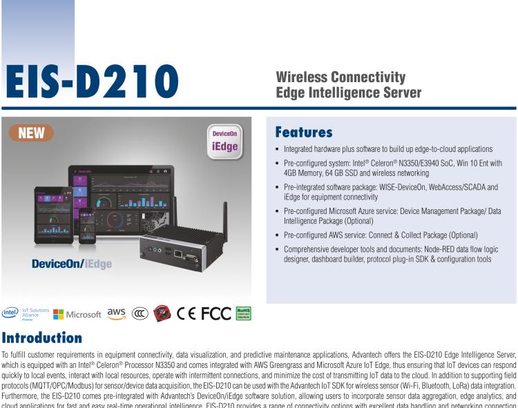 研華EIS-D210 研華EIS-D210，邊緣計(jì)算系統(tǒng)網(wǎng)關(guān)，Intel Celeron N3350 Dual Core SoC，最高支持 8 GB內(nèi)存，低功耗邊緣智能設(shè)備，具備豐富擴(kuò)展接口 2 x LAN，2 x COM，4 x USB，1 x VGA等，搭配 Wifi 或 4G 模塊，可以實(shí)現(xiàn)無(wú)線(xiàn)數(shù)據(jù)傳輸，體積非常小
