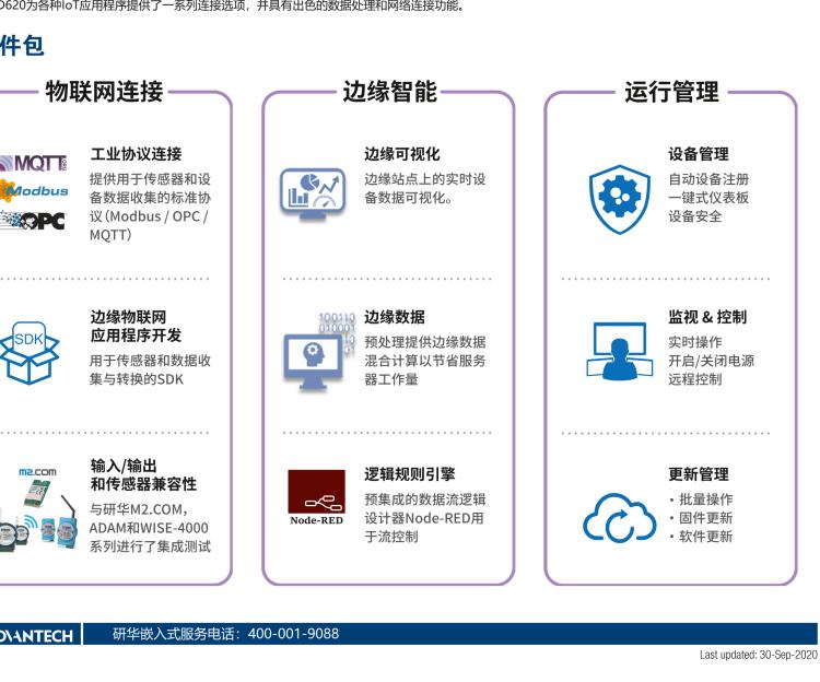 研華EIS-D620 研華EIS-D620，邊緣計算系統網關，基于Rockchip RK3399處理器，板載2GB內存，16GB eMMC 存儲，低功耗邊緣智能設備，具備豐富擴展接口 2 x LAN，1 x COM，1 x USB，2 x HDMI等，體積非常小巧，適用于邊緣設備控制及數據采集等應用場景。