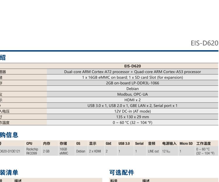 研華EIS-D620 研華EIS-D620，邊緣計算系統網關，基于Rockchip RK3399處理器，板載2GB內存，16GB eMMC 存儲，低功耗邊緣智能設備，具備豐富擴展接口 2 x LAN，1 x COM，1 x USB，2 x HDMI等，體積非常小巧，適用于邊緣設備控制及數據采集等應用場景。