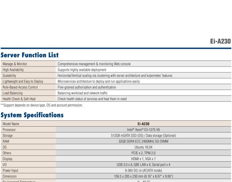 研華EI-A230 研華 EI-A230，邊緣計算系統服務器，搭載Intel Xeon E3-1275 V6 CPU，32GB RAM，512GB mSATA SSD，1T HDD *2，預裝Ubuntu 16.04操作系統。