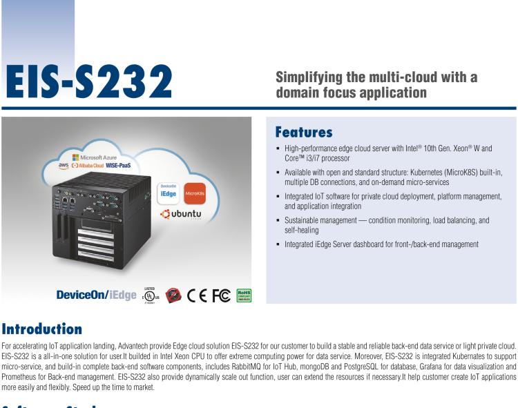 研華EIS-S232 研華 EIS-S232，邊緣計算系統(tǒng)服務器，支持Intel 第十代處理器，可選i3/i5/i7 Xeon CPU，DDR4 最高32GB，最多可支持4 x 2.5寸硬盤，具備豐富擴展接口 2 x LAN，6 x COM，8 x USB，1 x PCIE，2 x PCI。產品生命周期長，穩(wěn)定可靠。