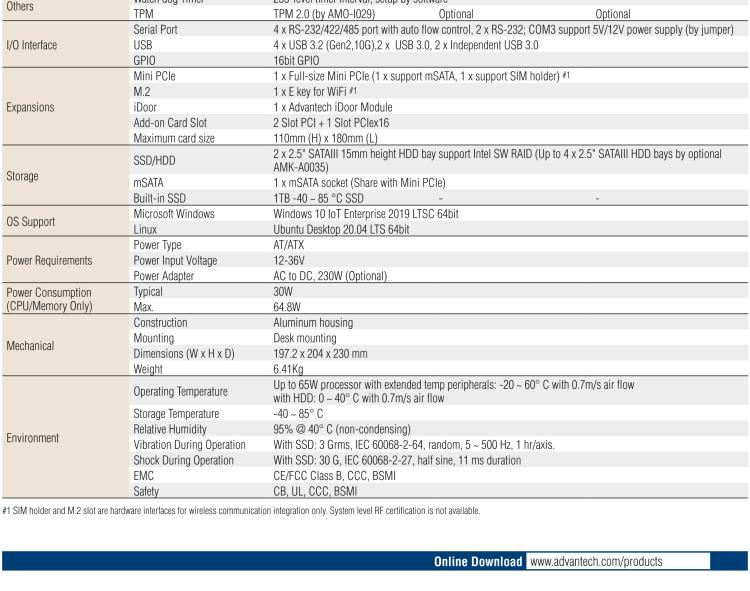 研華EIS-S232 研華 EIS-S232，邊緣計算系統(tǒng)服務器，支持Intel 第十代處理器，可選i3/i5/i7 Xeon CPU，DDR4 最高32GB，最多可支持4 x 2.5寸硬盤，具備豐富擴展接口 2 x LAN，6 x COM，8 x USB，1 x PCIE，2 x PCI。產品生命周期長，穩(wěn)定可靠。