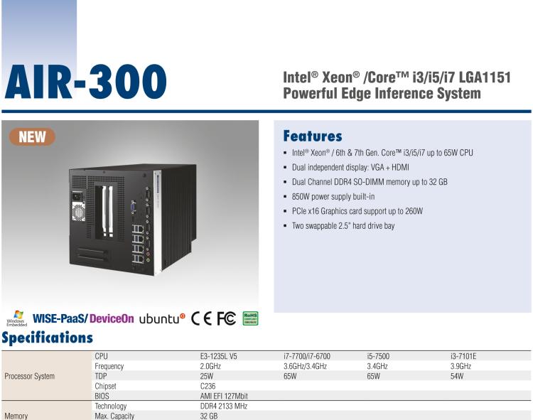 研華AIR-300 支持Intel Xeon / 6/7代Core?i3/i5/i7處理器，AI計算平臺，可擴展 PCIe x16 GPU全尺寸卡