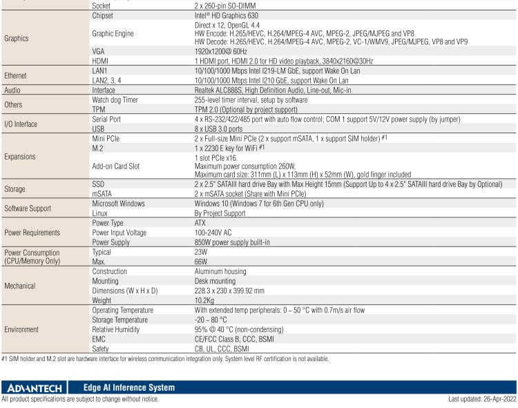 研華AIR-300 支持Intel Xeon / 6/7代Core?i3/i5/i7處理器，AI計算平臺，可擴展 PCIe x16 GPU全尺寸卡