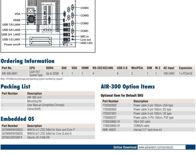 研華AIR-300 支持Intel Xeon / 6/7代Core?i3/i5/i7處理器，AI計算平臺，可擴展 PCIe x16 GPU全尺寸卡