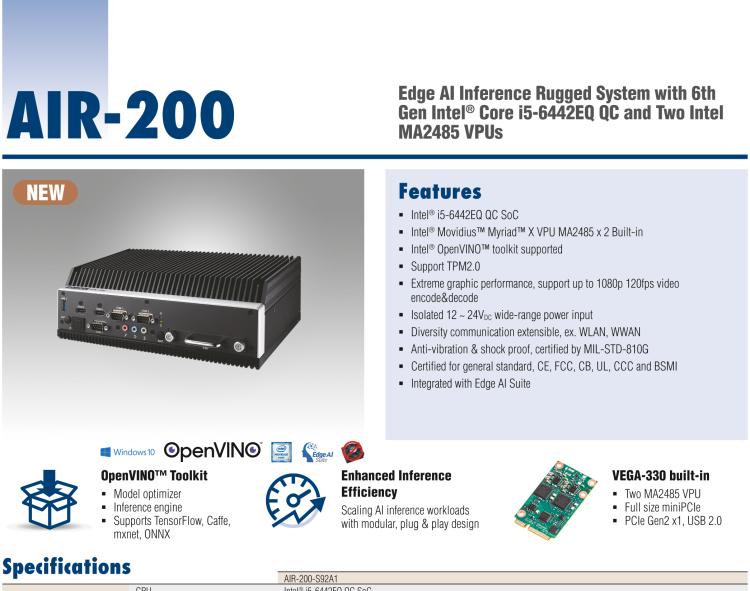 研華AIR-200 基于Intel Core i5-6442EQ處理器，AI計算平臺，內(nèi)置Myriad X VPU * 2