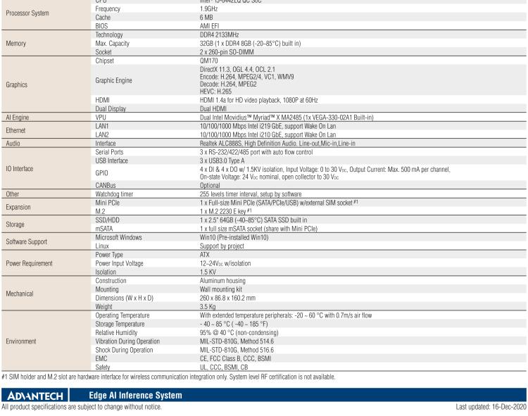 研華AIR-200 基于Intel Core i5-6442EQ處理器，AI計算平臺，內(nèi)置Myriad X VPU * 2