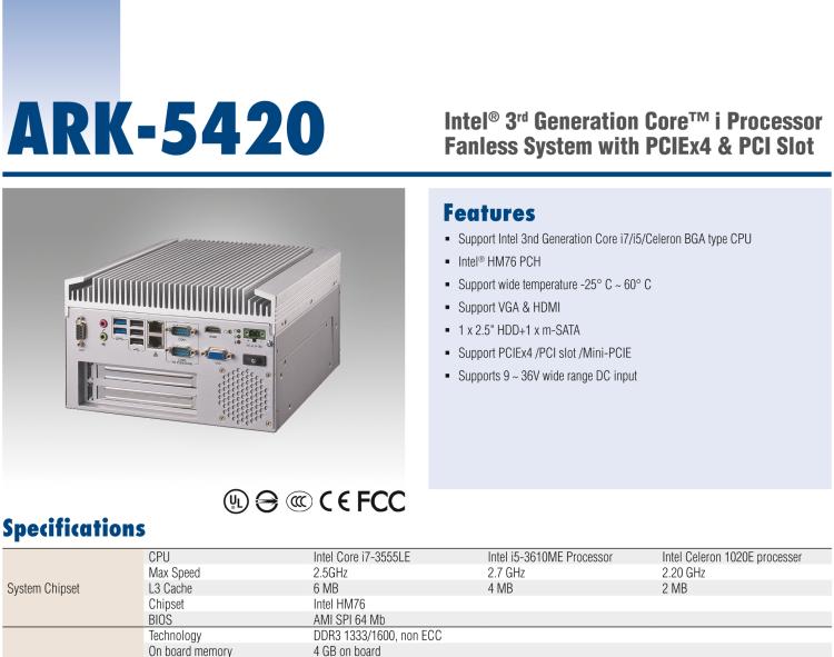 研華ARK-5420 Intel? 第三代 Core? i 處理器無風扇嵌入式工控機，支持 PCIEx4 & PCI