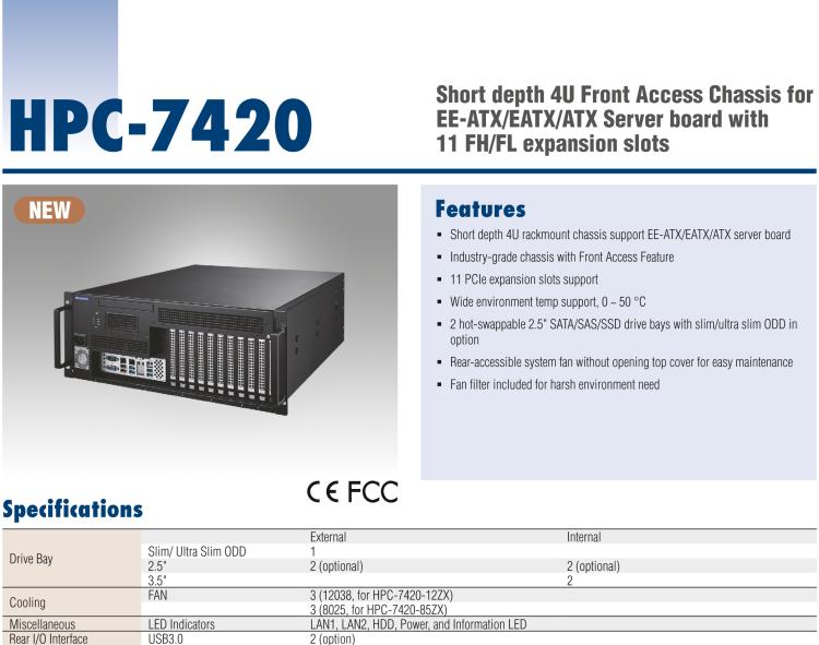 研華HPC-7420 用于EE-ATX/EATX/ATX主板的4U 短深度服務器機箱，帶有11個FH/FL擴展插槽