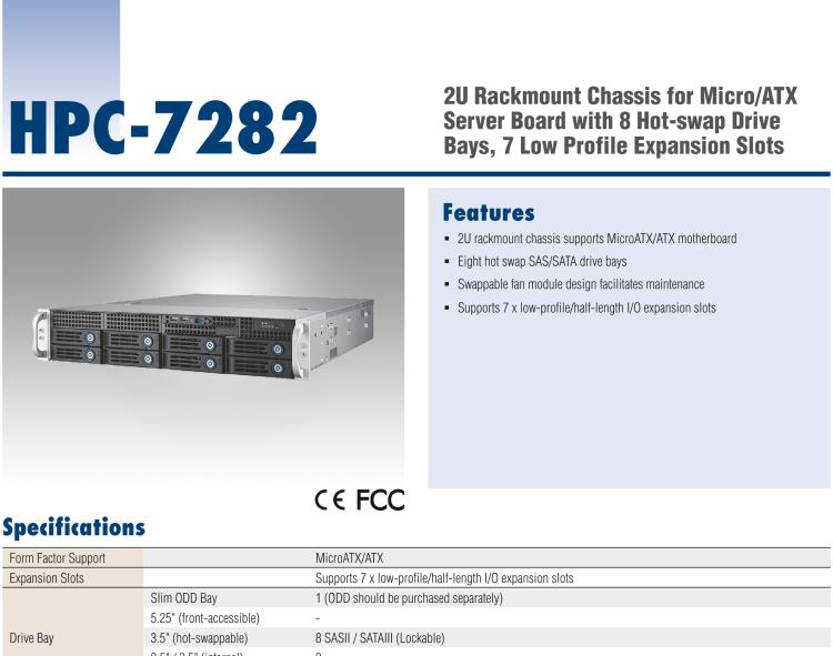 研華HPC-7282 2U 機(jī)架式機(jī)箱，適用于 Micro/ATX 服務(wù)器主板，支持8個(gè)2.5寸/3.5寸熱插拔硬盤，7個(gè)半高擴(kuò)展槽