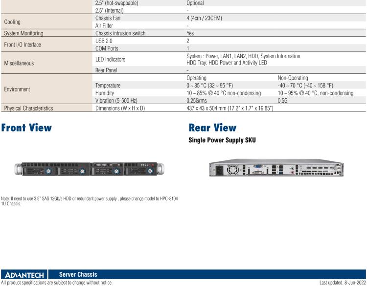 研華HPC-7140 1U 機架式服務器機箱，適用于 MicroATX/ATX 服務器主板，支持4個3.5"熱插拔盤位，1個全長/半長PCI-E x16擴展插槽