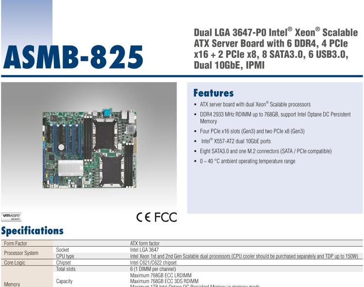 研華ASMB-825 雙路LGA 3647-P0 Intel? Xeon? Scalable ATX 服務(wù)器主板，帶6 個DDR4, 4 PCIe x16 和 2 個 PCIe x8, 8 個SATA3, 6 個USB3.0, Dual 10GbE, IPMI