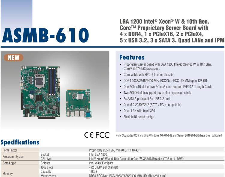 研華ASMB-610 LGA 1200 Intel? Xeon? W & 第十代 Core?專用服務(wù)器主板，帶4 x DDR4, 1 x PCIeX16, 2 x PCIeX4, 5 x USB 3.2, 3 x SATA 3, Quad LANs and和 IPMI