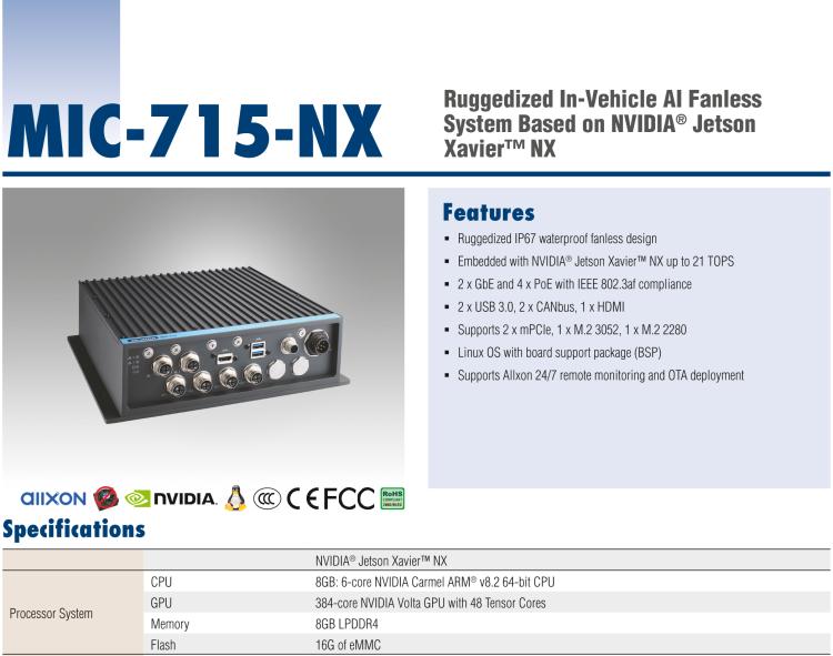 研華MIC-715 加固型AI 推理平臺，基于英偉達Jetson? Xavier NX，IP67防護等級