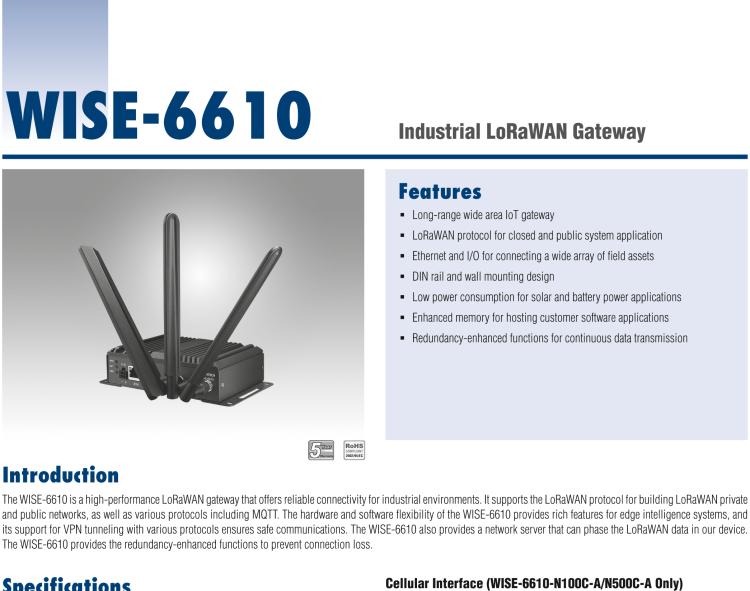 研華WISE-6610-N500 LoRaWAN網(wǎng)關(guān)支持多達500個節(jié)點，915MHz