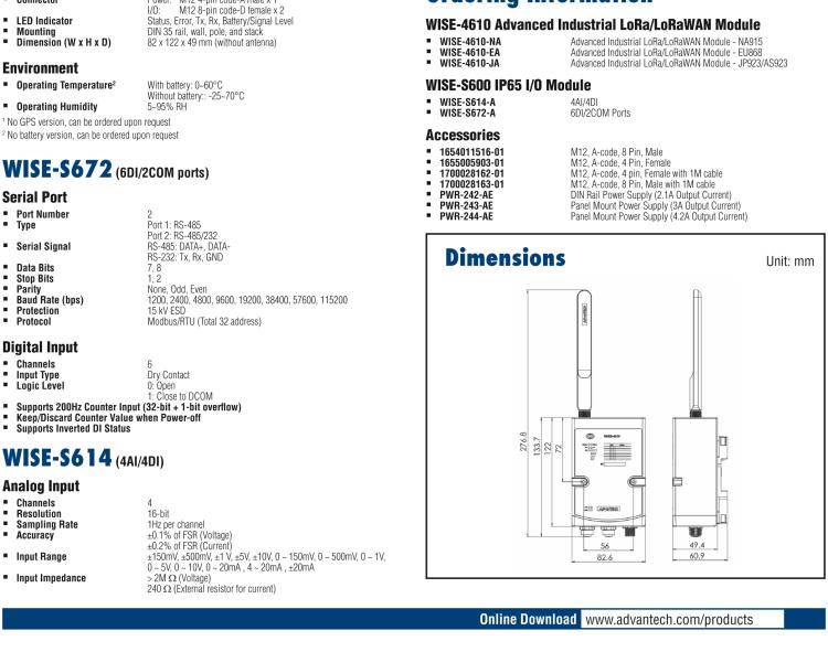 研華WISE-4610-S672 帶有6個(gè)數(shù)據(jù)輸入口和超過(guò)兩個(gè)com口的LoRa戶(hù)外無(wú)線(xiàn)傳感器節(jié)點(diǎn)