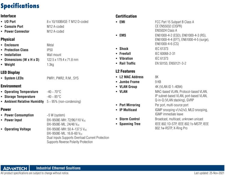 研華EKI-9508E-MH 8個百兆M12端口非網管EN50155交換機， 支持72/96/110 VDC供電
