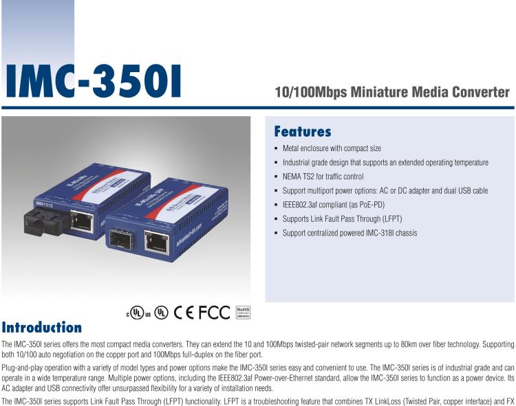 研華IMC-350I-MM-A 緊湊型光電轉換器，支持寬溫，100Base-TX/FX，多模1300nm，LFPT，5km，SC type