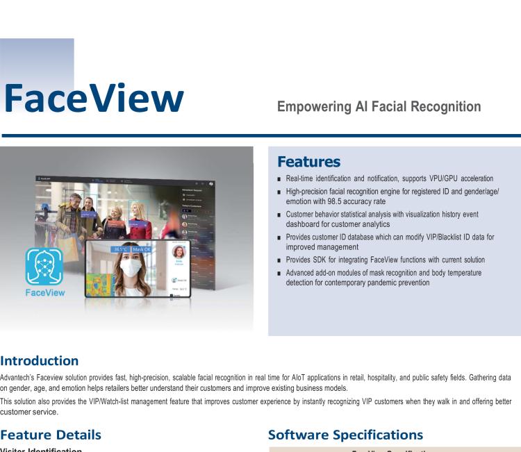 研華FaceView 研華 DeviceOn.FaceView是基于研華 IoT 設備的人臉識別軟件，支持性別、年齡、情感的數(shù)據(jù)收集，支持VPU/GPU加速。FaceView軟件在最新版本中正確識別率提升到了99.7%，可以支持遮擋檢測，也就是是否正確佩戴口罩，再搭配專業(yè)測溫攝像頭情況下，可以實現(xiàn)測量體溫。