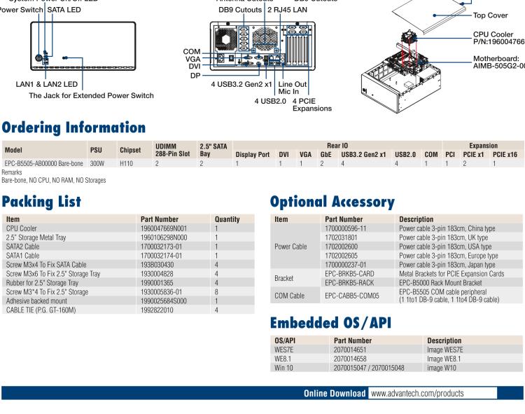 研華EPC-B5505 適配Intel? 第6/7代 Core ? i/Xeon E3系列處理器，搭載H110芯片組。標準4U上架，廣泛適用于各種行業。
