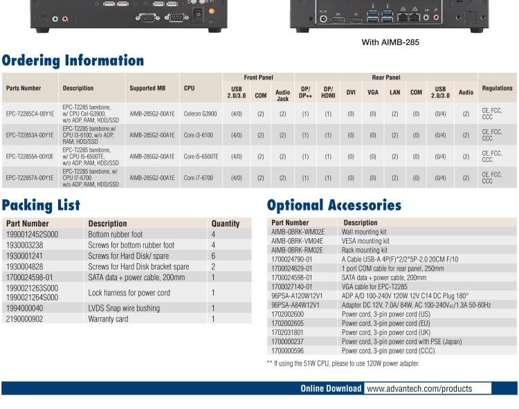 研華EPC-T2285 適配Intel? 第6/7代 Core? i 系列處理器，搭載H110芯片組。1U超薄高度，性能強勁。