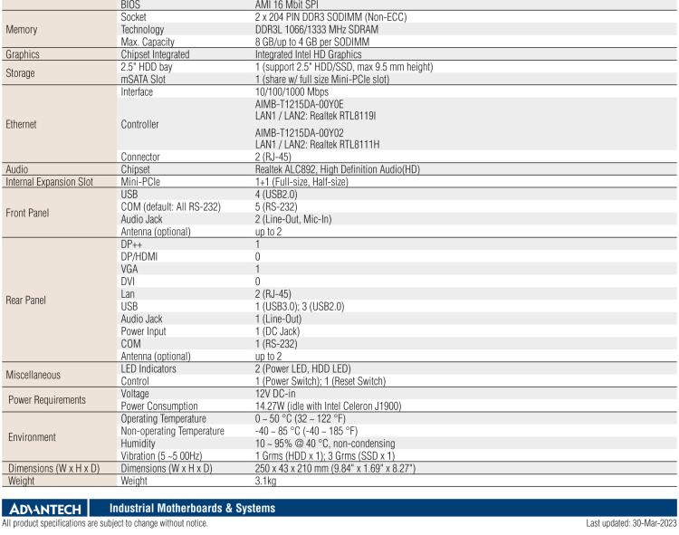 研華EPC-T1215 板載Intel? 第4代 賽揚 J1900 處理器。支持無風扇設計，1U超薄高度，支持上架，高性價比解決方案。