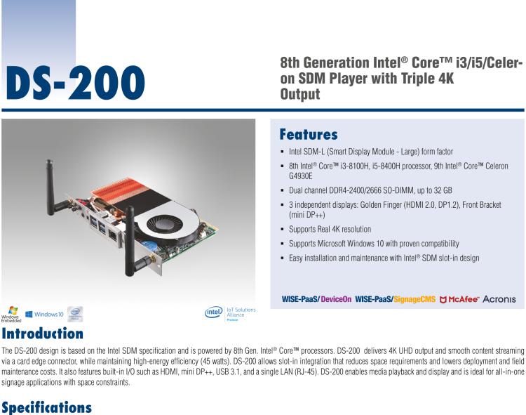 研華DS-200 Intel ? 第八代 Core? i3/i5 SDM，支持4K三顯的數(shù)字標(biāo)牌播放器