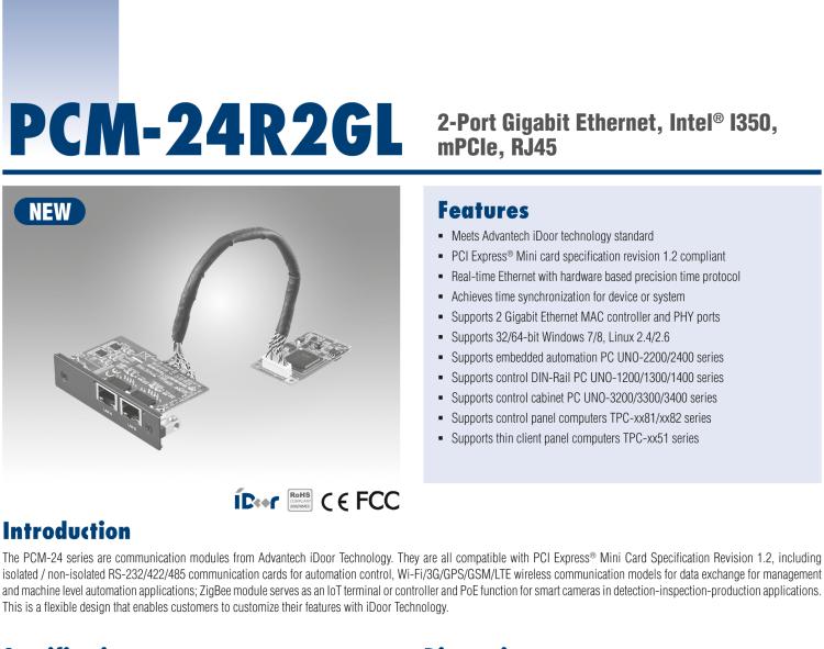 研華PCM-24R2GL 2端口千兆以太網(wǎng)，mPCIe，RJ45