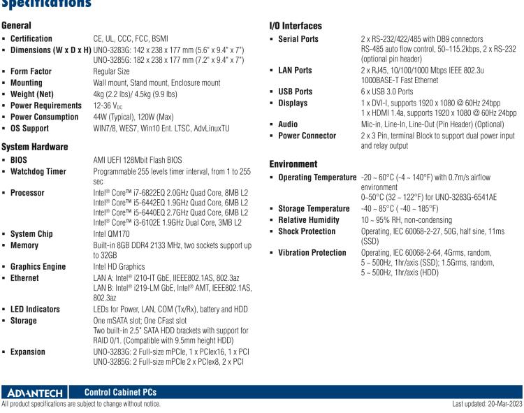 研華UNO-3283G 高效能嵌入式無風(fēng)扇工業(yè)電腦，搭配Intel? Core? i 處理器，2×GbE, 2×mPCIe, HDMI, DVI-I