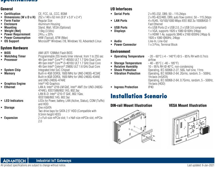 研華UNO-2483G 標(biāo)準(zhǔn)型嵌入式無(wú)風(fēng)扇工業(yè)電腦，搭配Intel? Core? i7/i3/Celeron處理器，4×GbE, 3×mPCIe, HDMI/VGA