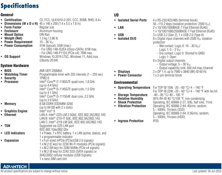 研華UNO-148 常規(guī)無風扇DIN導軌控制器，采用第11代Intel? Core? i處理器