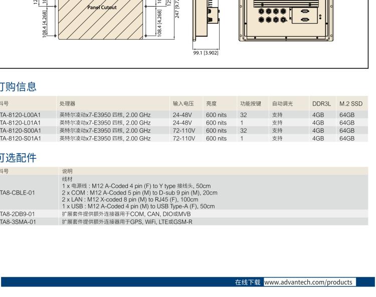研華ITA-8120 滿足鐵路En50155認證標準，12.1寸可觸屏式平板電腦，支持英特爾?凌動x7-E3950處理器