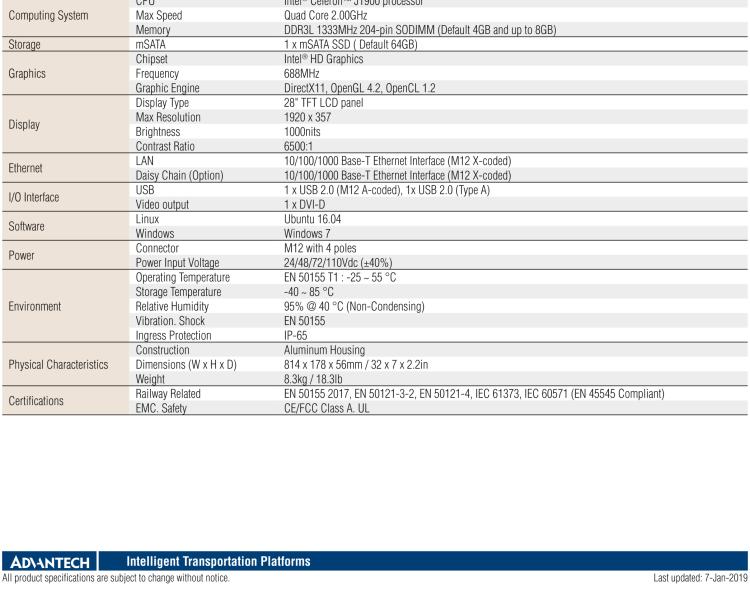 研華ARS-P2800 EN 50155 Intel? Celeron? J1900 28” 無風扇設計之列車車輛 Panel PC