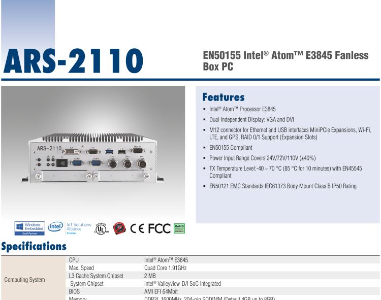 研華ARS-2110 EN50155 Intel? Atom? E3845 無風扇設(shè)計之列車車輛控制系統(tǒng)