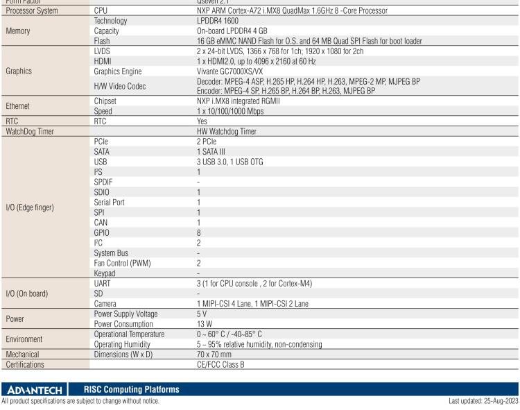 研華ROM-7720 基于NXP i.MX 8QM Qseven Arm核心模塊，多核異構(gòu)，具備優(yōu)異的計(jì)算及圖形顯示性能