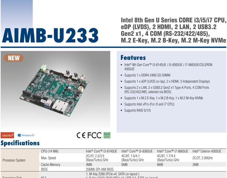 研華AIMB-U233 板載Intel 第8代 U系列 Core i3/i5/i7 處理器。低功耗高性能，無風扇設(shè)計。