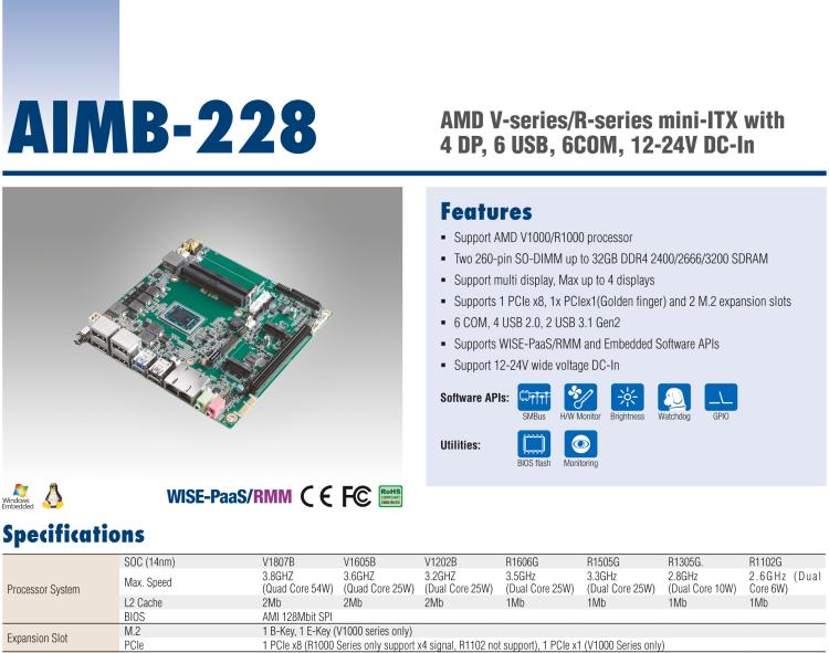 研華AIMB-228 板載AMD V系列/R系列處理器。超薄設(shè)計(jì)，支持寬壓，廣泛應(yīng)用在圖像處理、醫(yī)療影像等行業(yè)上。