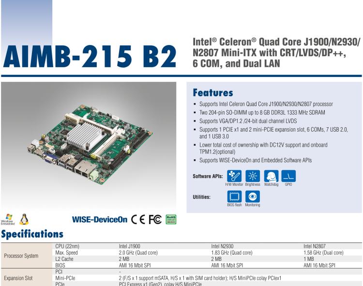 研華AIMB-215 板載Intel? 第4代 賽揚處理器。豐富的擴展，無風(fēng)扇設(shè)計，支持寬溫寬壓。