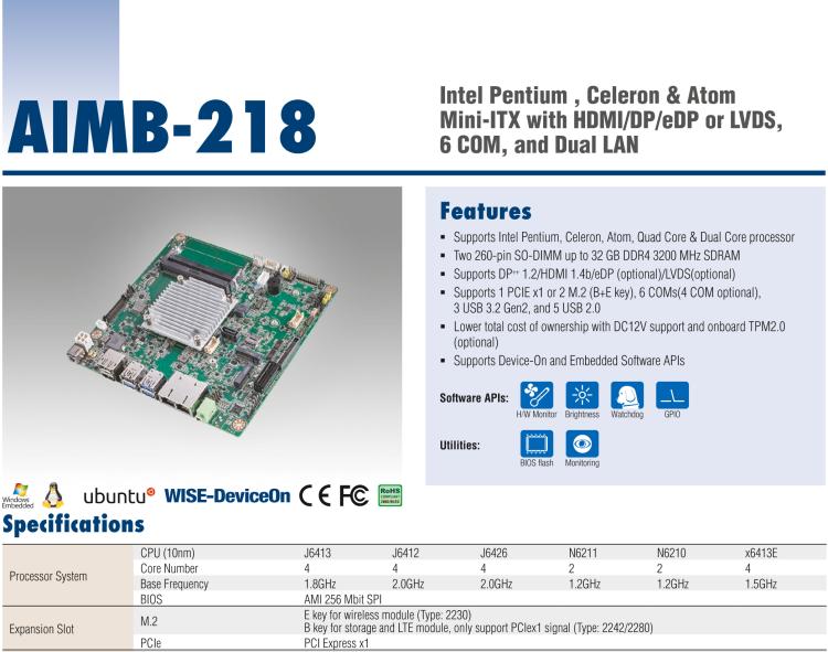 研華AIMB-218 板載Intel? 第8代 奔騰/賽揚/凌動系列處理器。支持獨立三顯，超薄緊湊，無風(fēng)扇設(shè)計，支持寬溫。