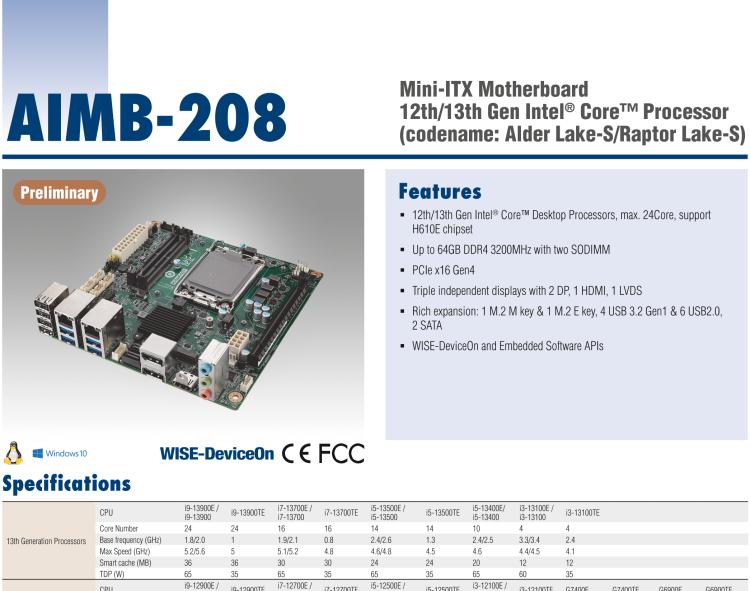 研華AIMB-208 適配Intel 第12/13代 Core i/奔騰系列處理器，搭載H110芯片組。高性價比，擁有豐富的擴展接口，通用性強，穩(wěn)定可靠。