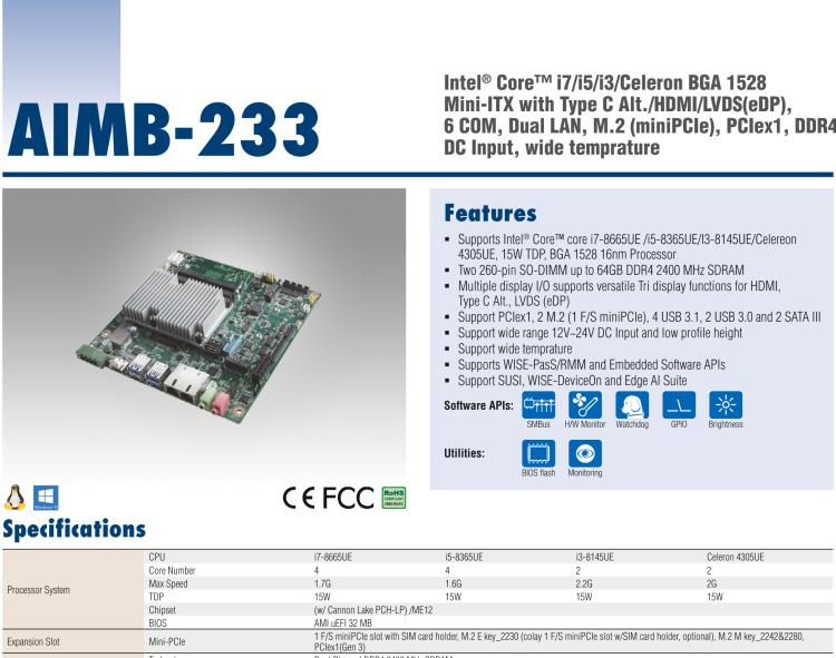 研華AIMB-233 板載Intel? 第8代 Core i 處理器。擁有Type C接口，滿足各類擴展需求。低功耗，超薄緊湊，無風扇設計，支持寬溫寬壓，性能強勁。