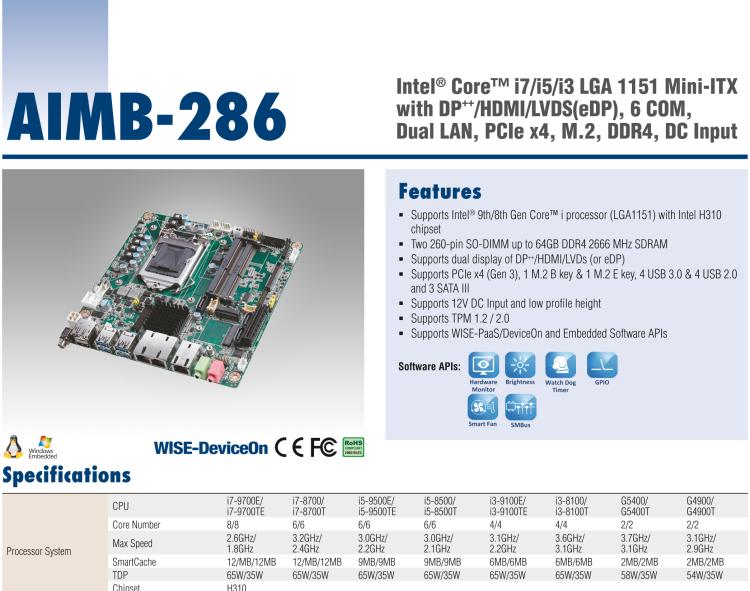 研華AIMB-286 Intel? 第8/9代 Core? i 系列處理器，搭載Intel H310芯片組。超薄設(shè)計(jì)，結(jié)構(gòu)緊湊。