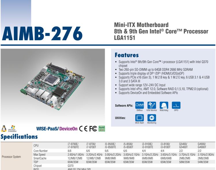 研華AIMB-276 適配Intel 第8/9代 Core?i7/i5/i3 處理器，搭載Q370芯片組。超高性能，是邊緣計算、AI視頻檢測等理想解決方案。