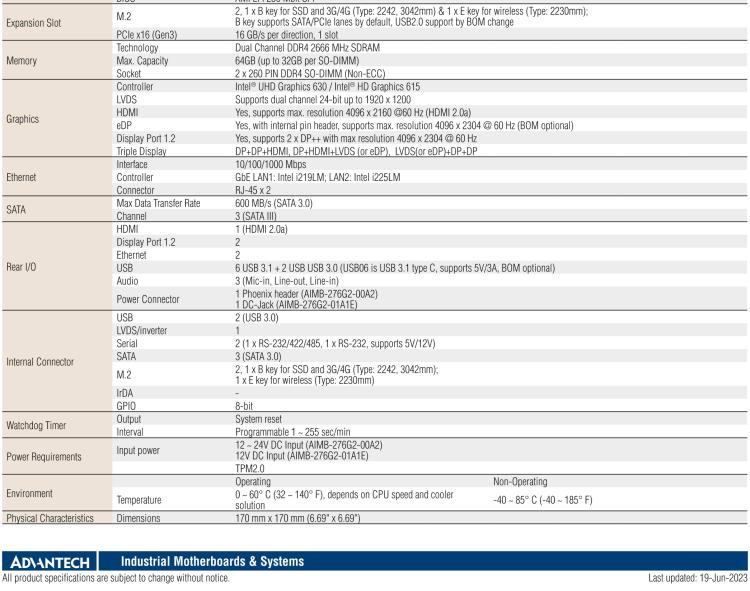 研華AIMB-276 適配Intel 第8/9代 Core?i7/i5/i3 處理器，搭載Q370芯片組。超高性能，是邊緣計算、AI視頻檢測等理想解決方案。